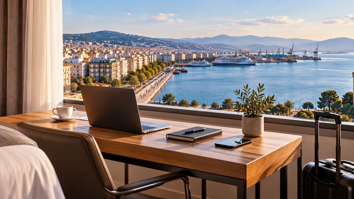 Workstation Overlooking the Waterfront Cityscape