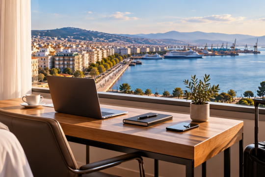 Workstation Overlooking the Waterfront Cityscape